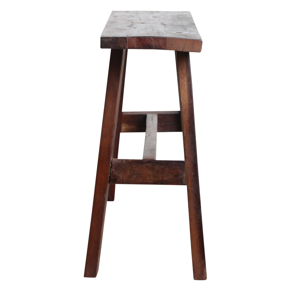 Kayu Living industrial bench made from reclaimed FSC-recycled wood with a warm patina, side view.