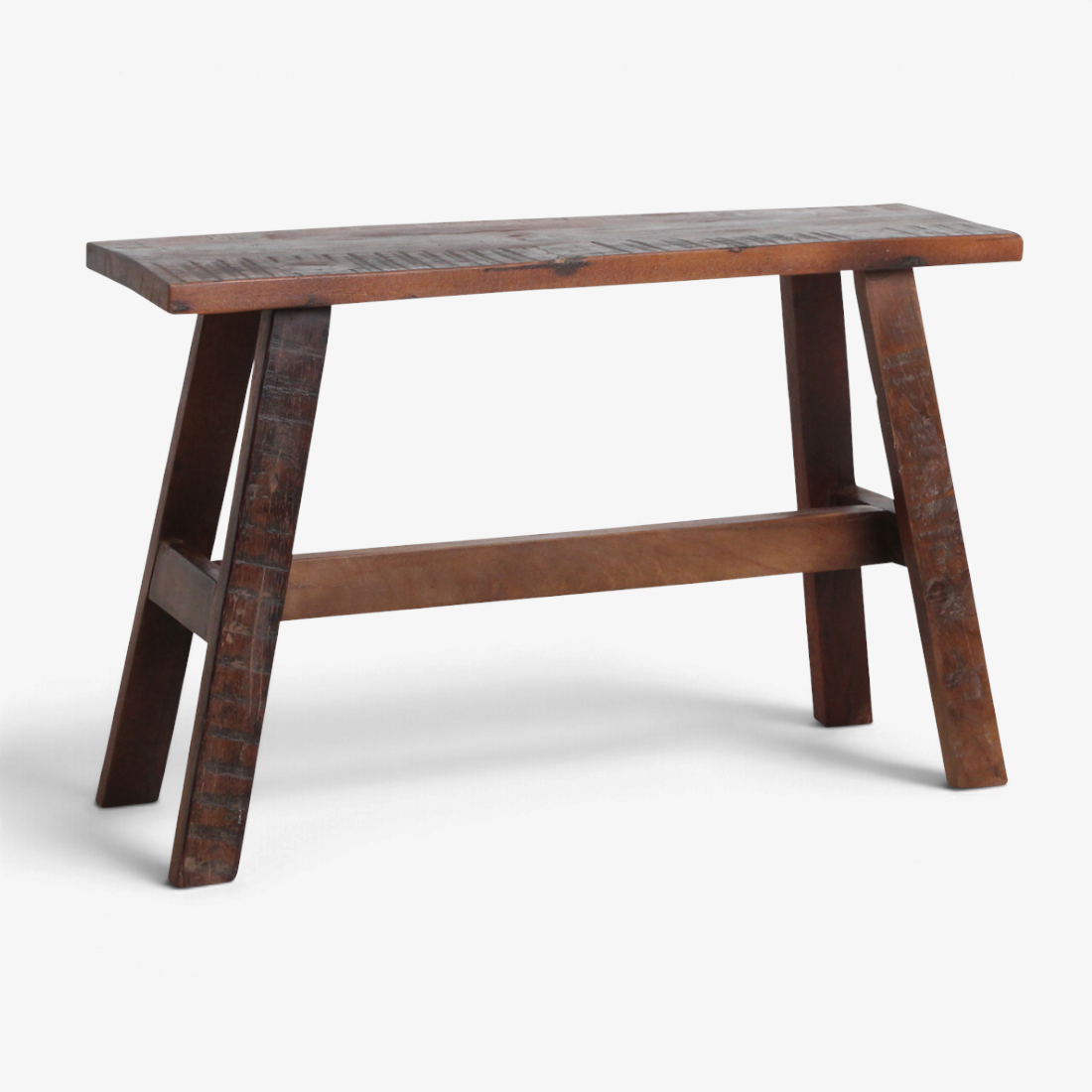 Kayu Living industrial factory bus stop bench made from reclaimed FSC-certified wood with a warm natural patina.