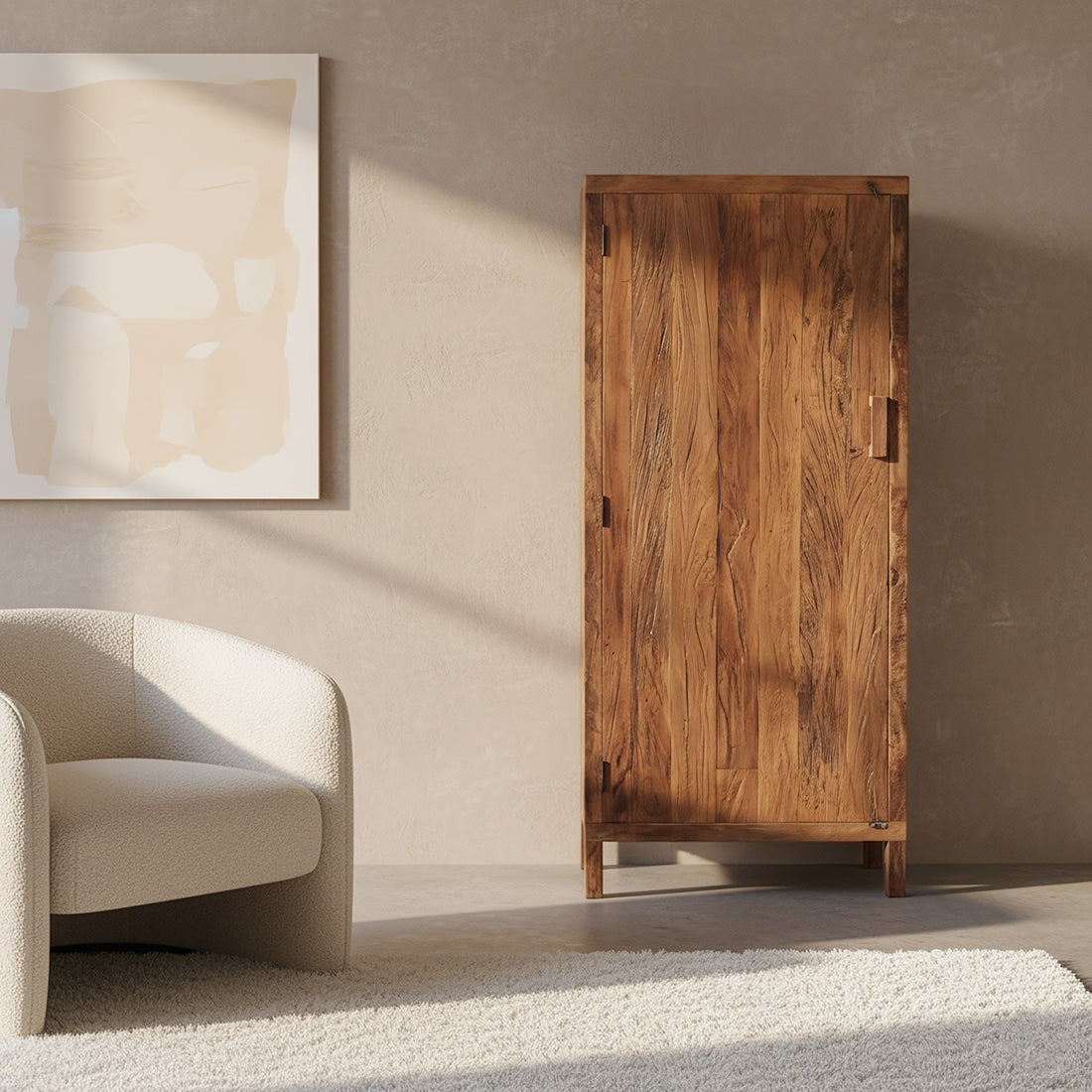 Kayu Living Farmwood cabinet made of reclaimed FSC-recycled wood with a warm patina in a minimalist living room.