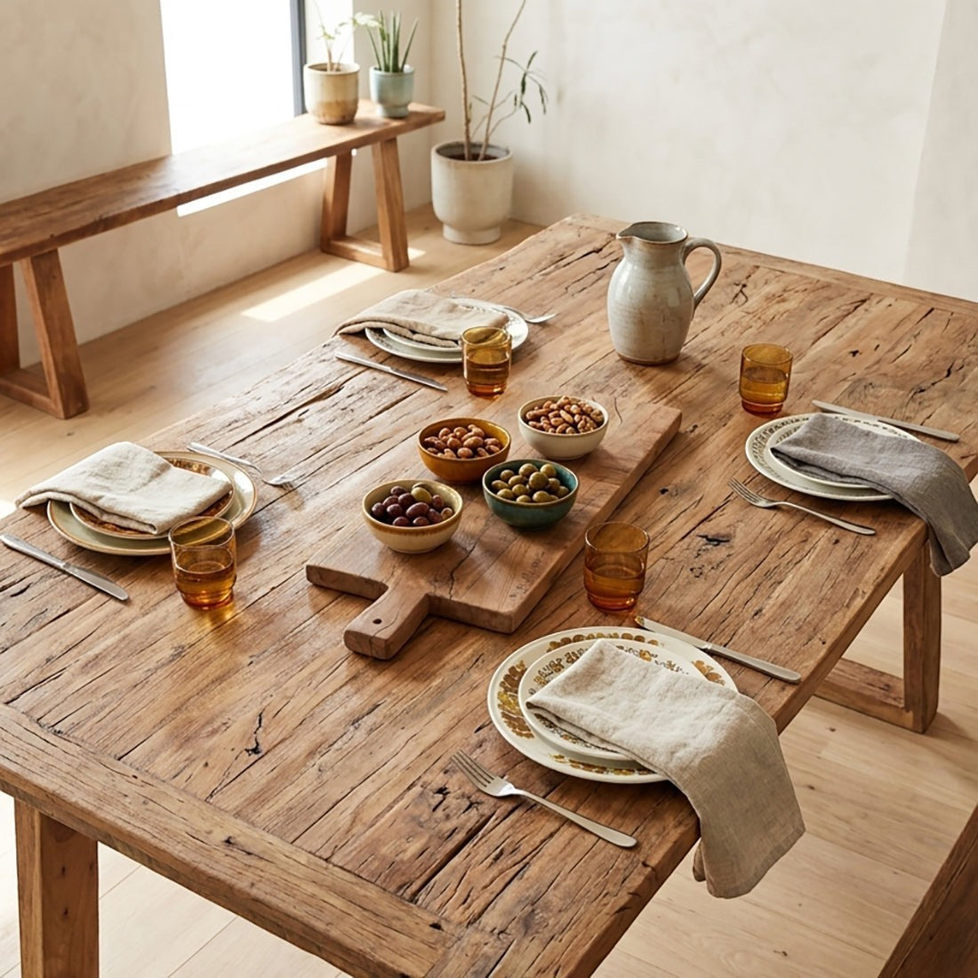Kayu Living 60 cm reclaimed wood charcuterie board with natural grain on a rustic dining table with tapas bowls