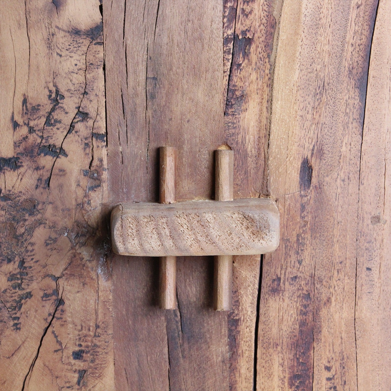 Close-up of Kayu Living Farmwood storage rack showing reclaimed wood grain, natural patina, and rustic joinery detail.