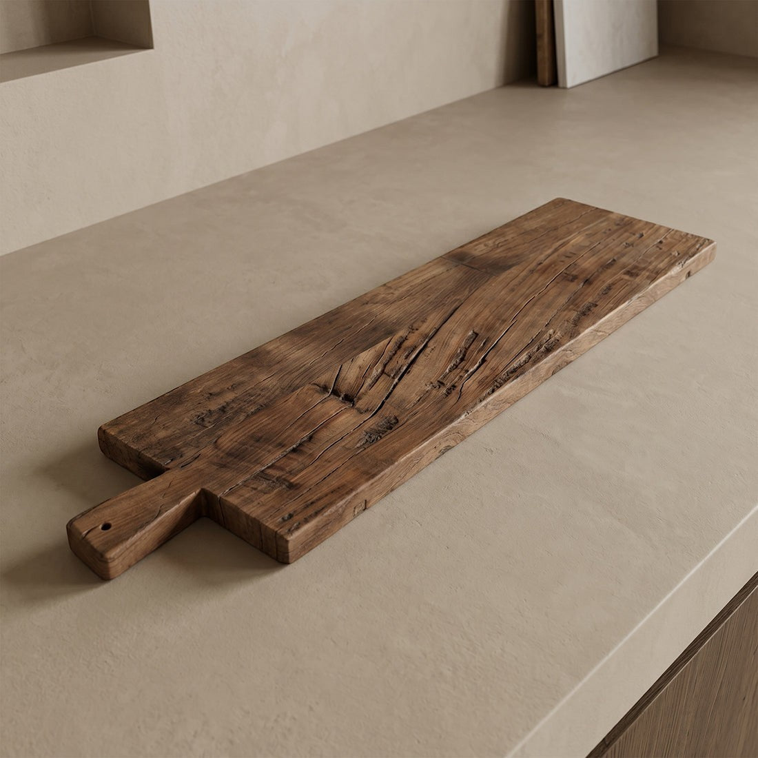 Kayu Living 90 cm Farmwood snack board made from reclaimed wood with natural grain and a sturdy handle.