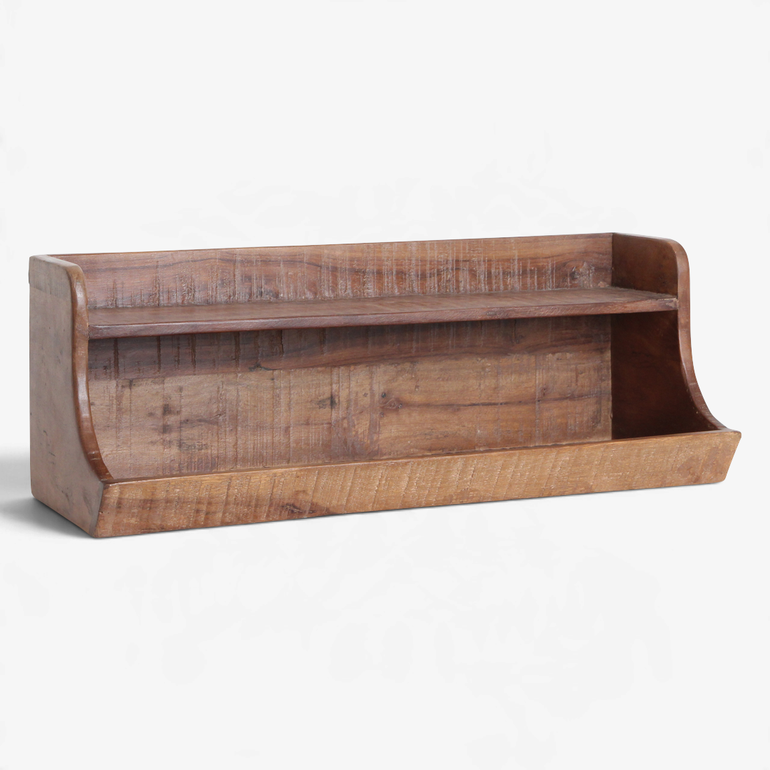 Kayu Living two-tier wall storage shelf made from dark reclaimed FSC-recycled wood with a rustic finish.