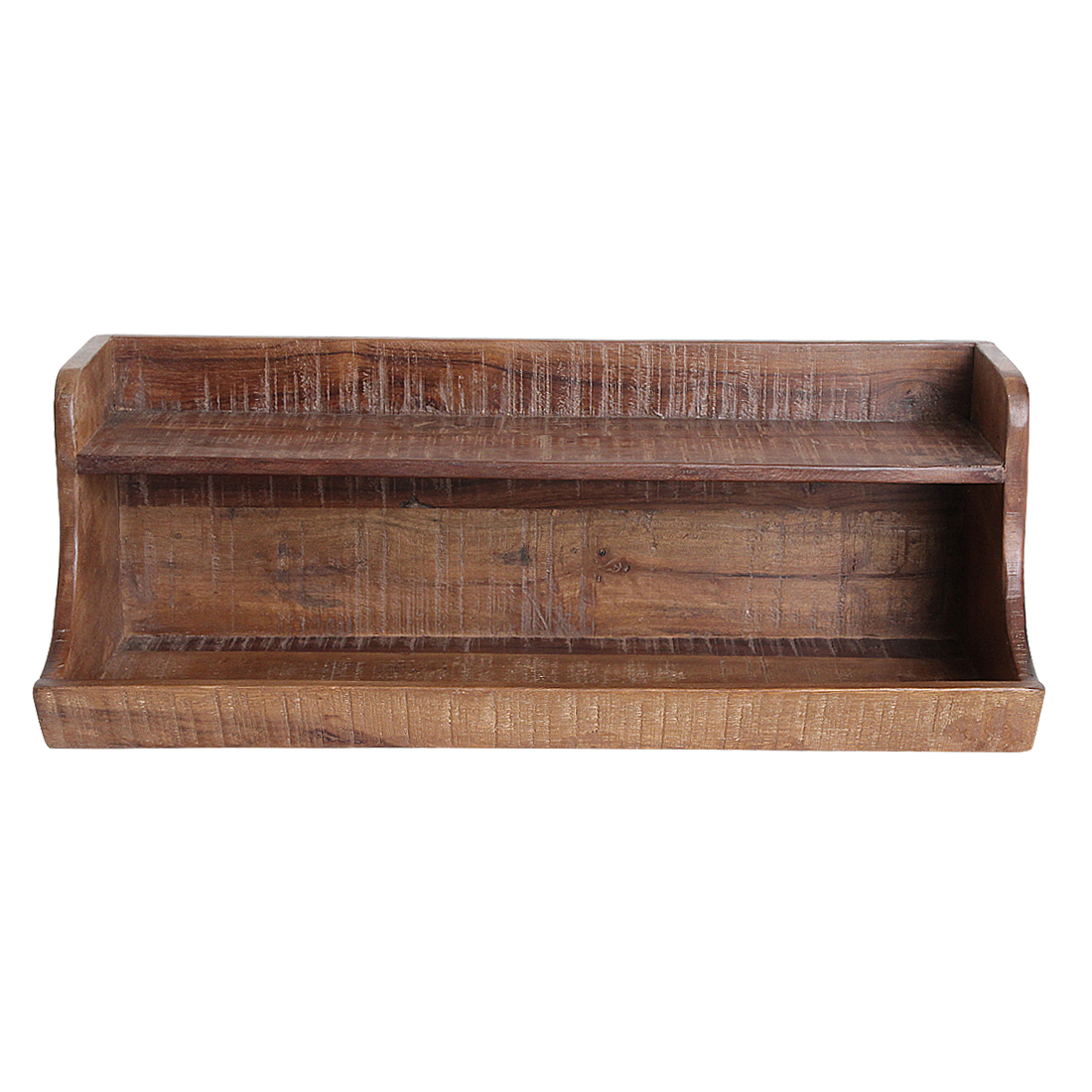 Kayu Living two-tier wall shelf made from dark reclaimed FSC-recycled wood with a rustic finish