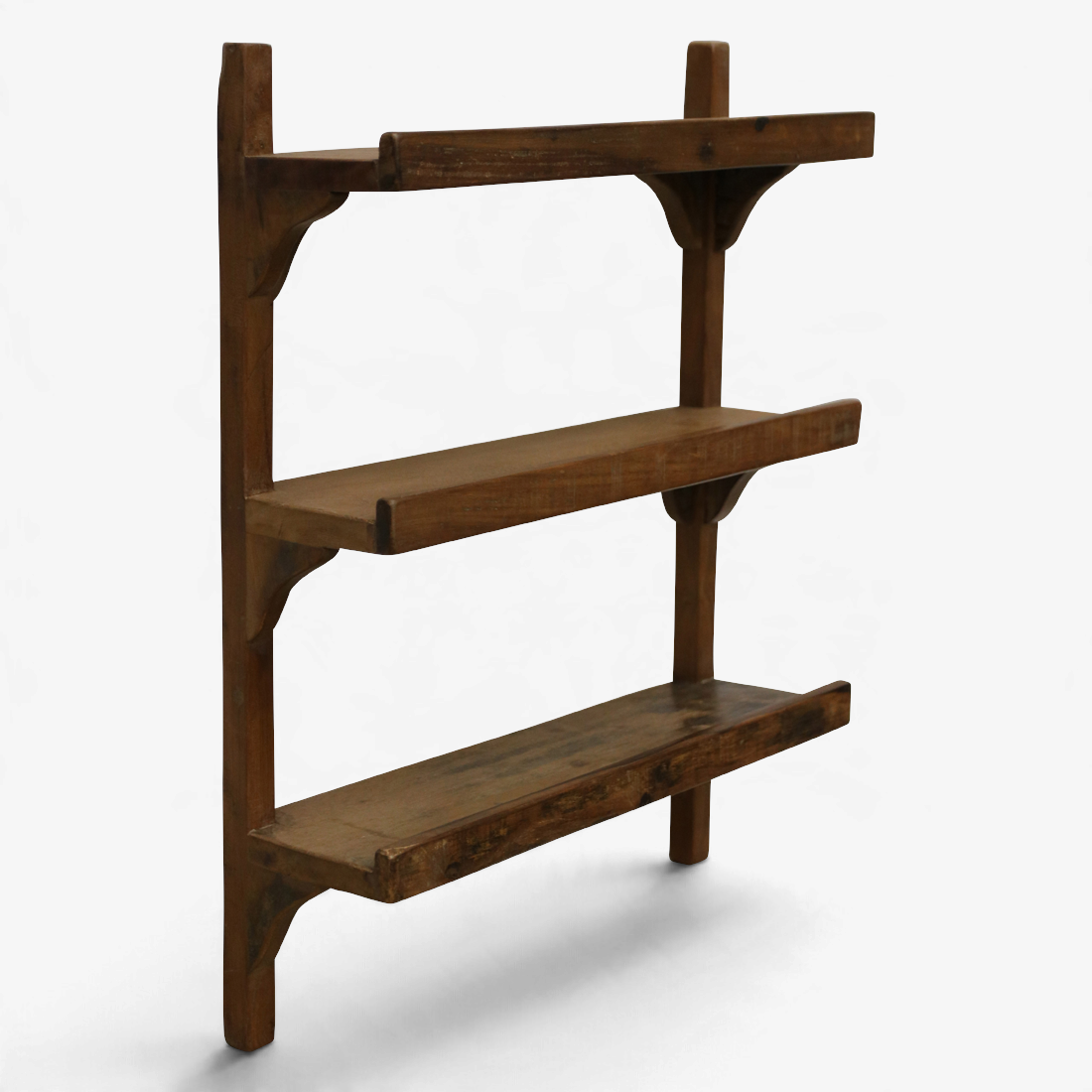 Kayu Living three-tier industrial wall shelf made from reclaimed FSC-recycled wood with a rustic vintage patina.