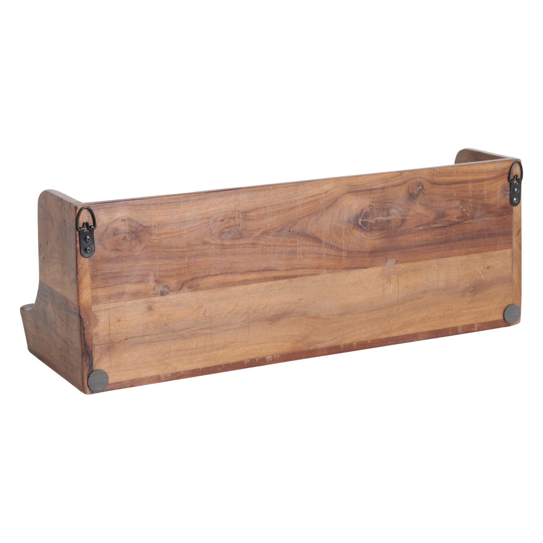 Kayu Living Factory two-tier wall shelf made of dark reclaimed FSC-recycled wood with metal mounting brackets.