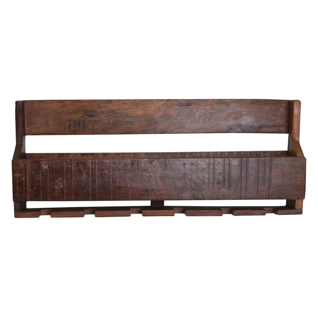 Kayu Living industrial wall-mounted wine rack made from reclaimed FSC-recycled wood with integrated glass slots.