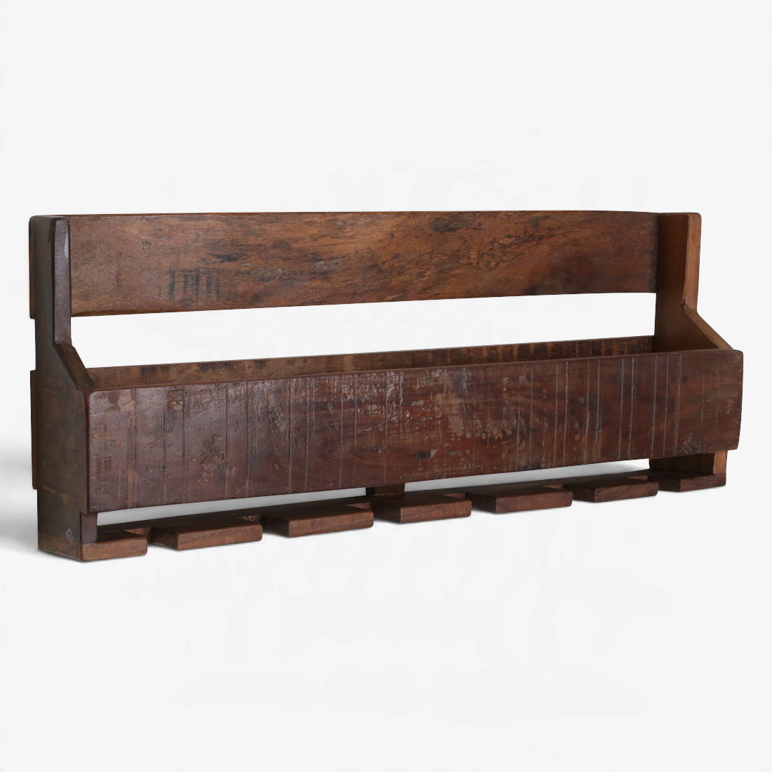 Kayu Living industrial hanging wine rack made from dark reclaimed FSC-recycled wood with under-mounted glass slots.