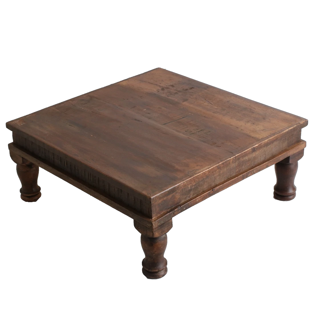 Kayu Living Factory Bajot side table in rustic brown FSC-recycled wood with hand-turned legs and a low profile.