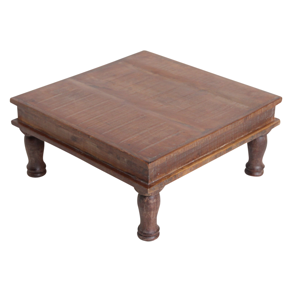 Kayu Living small square Bajot side table made from rustic FSC-recycled Indian wood with hand-turned legs.