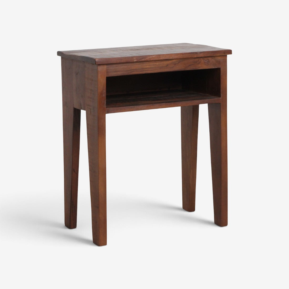 Kayu Living Factory bedside table made from dark brown FSC-recycled wood with an open shelf and tapered legs.