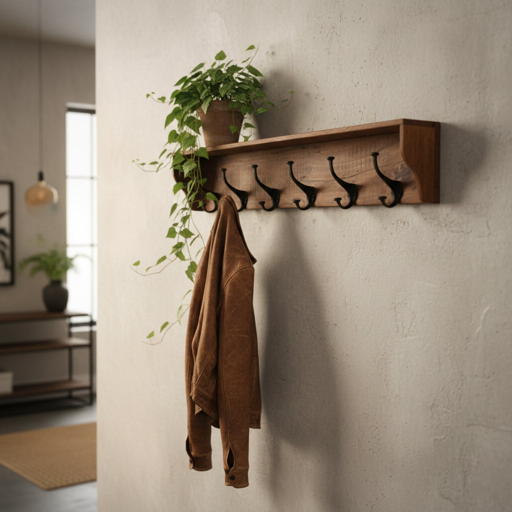 Kayu Living vintage wall coat rack made of recycled wood with five black double hooks and a top shelf for storage.