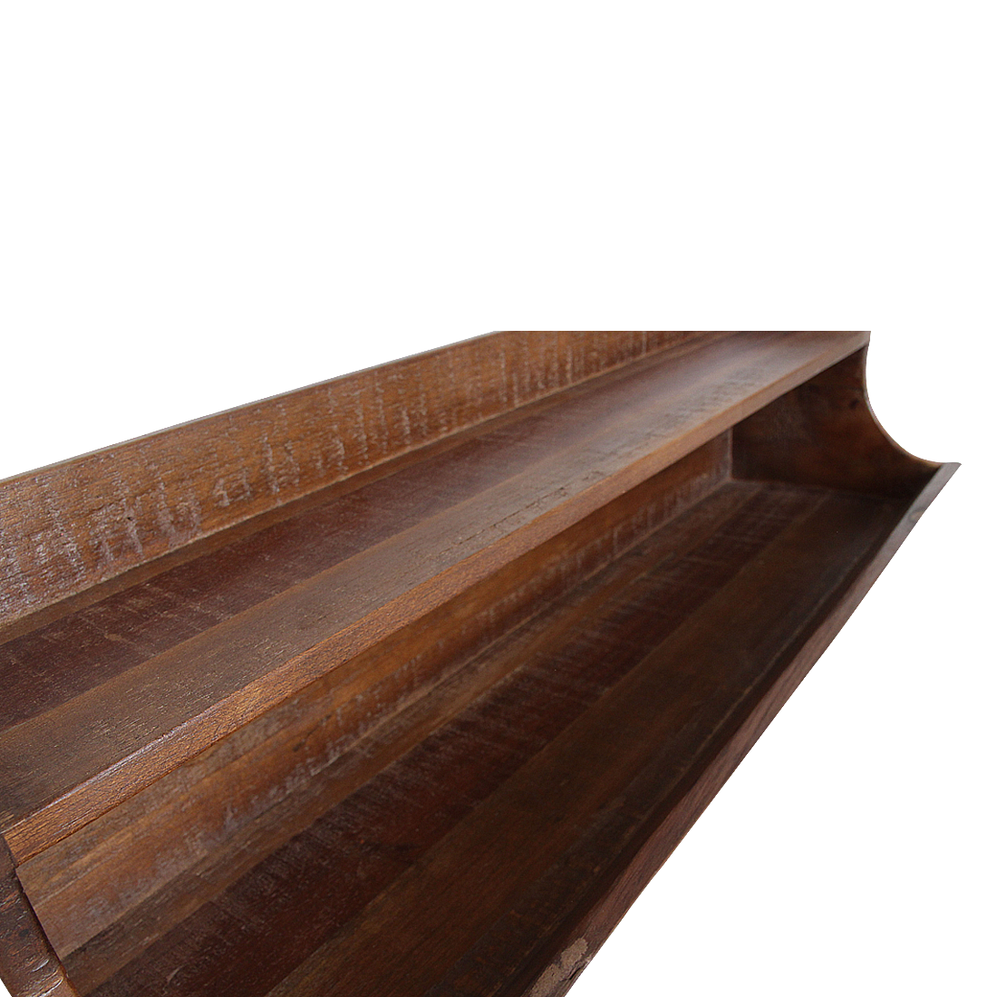 Kayu Living double-level wall shelf made from dark FSC-recycled hardwood with a raised bottom edge for secure storage.