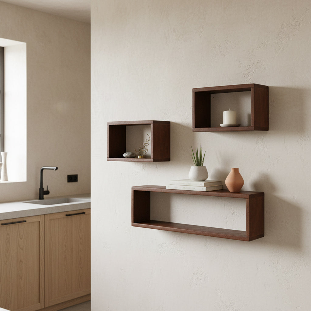 Kayu Living rectangular wall shelves made of FSC recycled wood with warm tones, displayed on a beige kitchen wall.