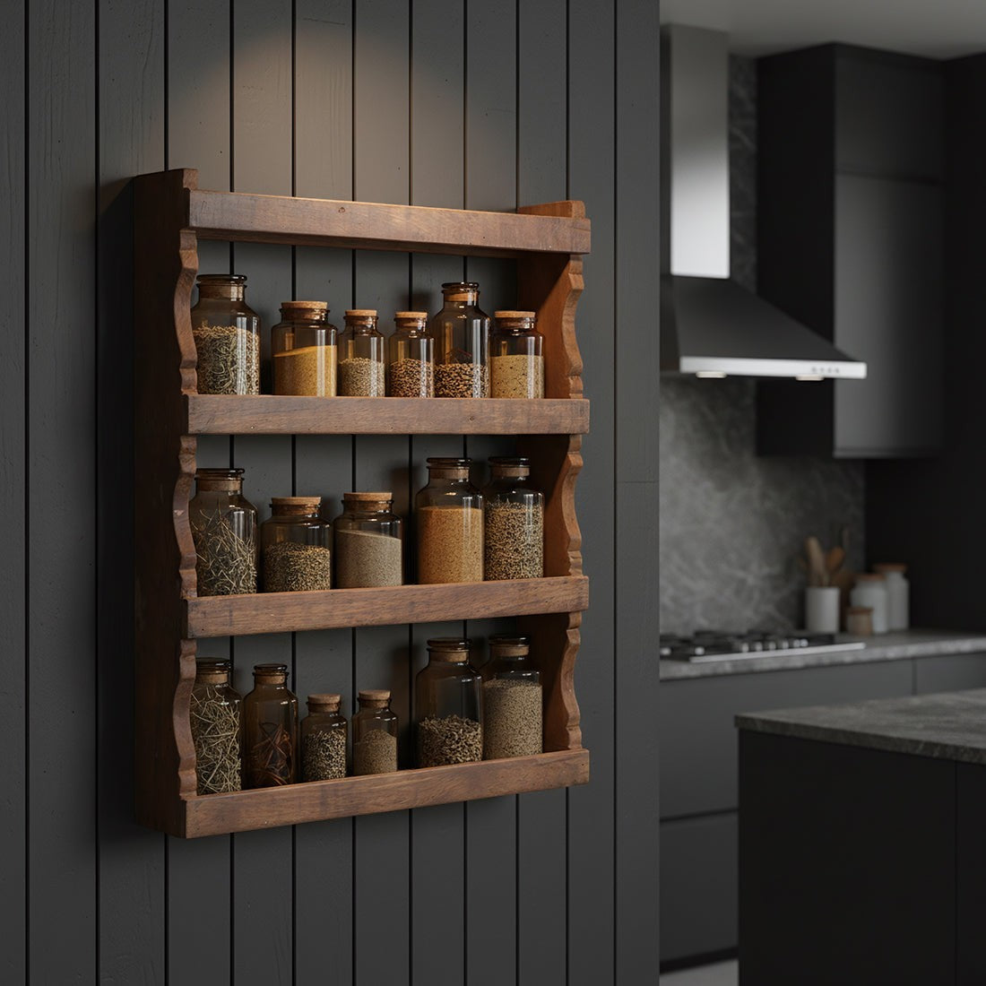 Kayu Living vintage style 3-tier wall-mounted spice rack made from dark FSC-recycled wood with glass jars