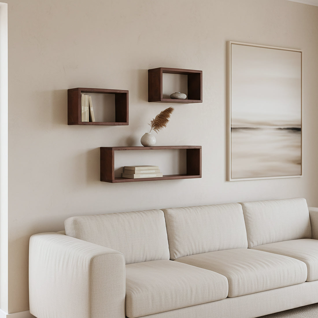 Kayu Living industrial wall shelf boxes made from dark FSC-recycled wood mounted above a beige sofa.