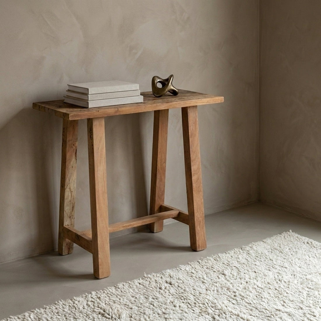 Kayu Living Farmwood wall table made from FSC recycled wood with natural knots and grain in a minimalist room.