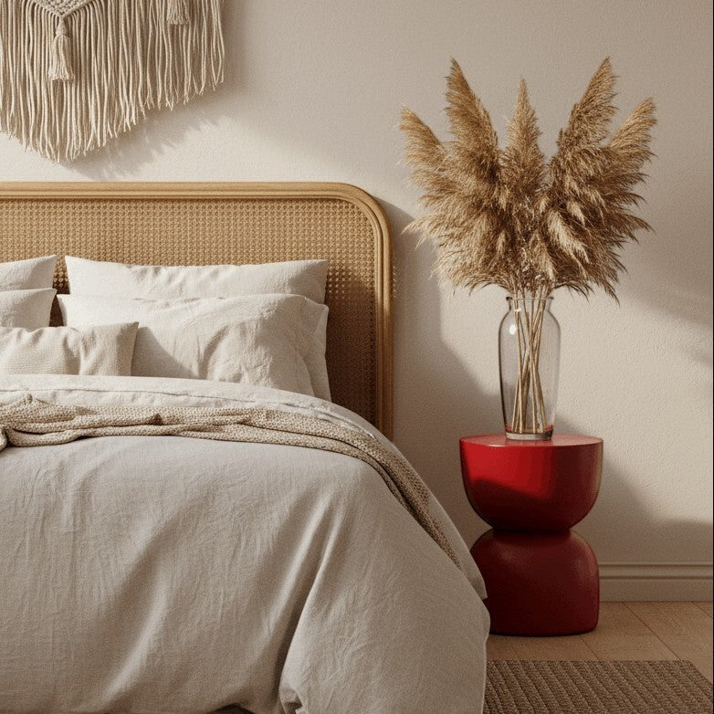 Kayu Living's red suar wood stool, half cupped design, modern and minimalist, perfect as a seat or side table.