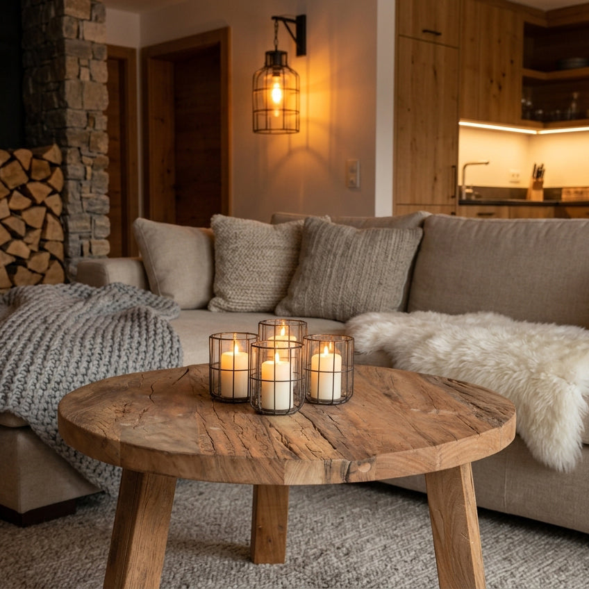 Kayu Living round Farmwood coffee table in brown reclaimed wood with natural grain, knots, and cracks in a living room