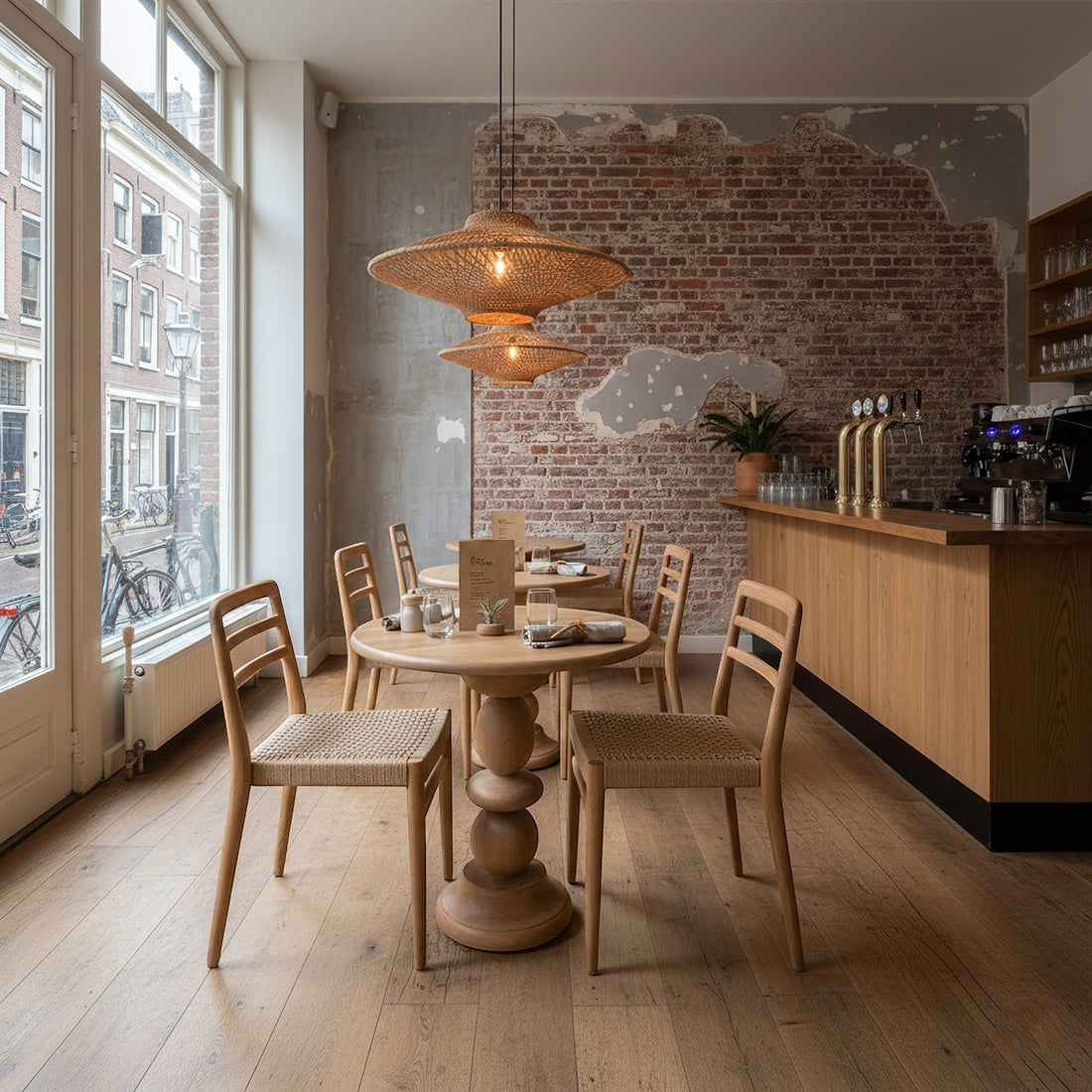 Kayu Living round teak bistro table with a unique stacked base in a rustic cafe setting with wooden chairs