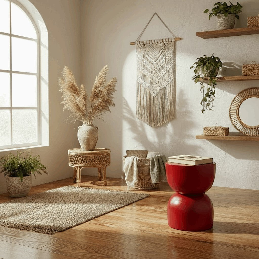 Kayu Living royal red half cupped stool made of suar wood, modern minimalist accent furniture.