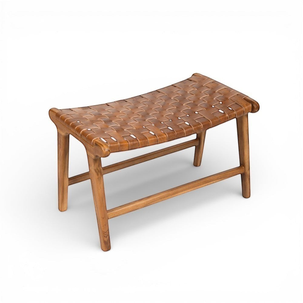 Kayu Living Sanur footstool in camel woven leather and solid teak wood. Versatile as a footrest, extra seating, or accent piece.