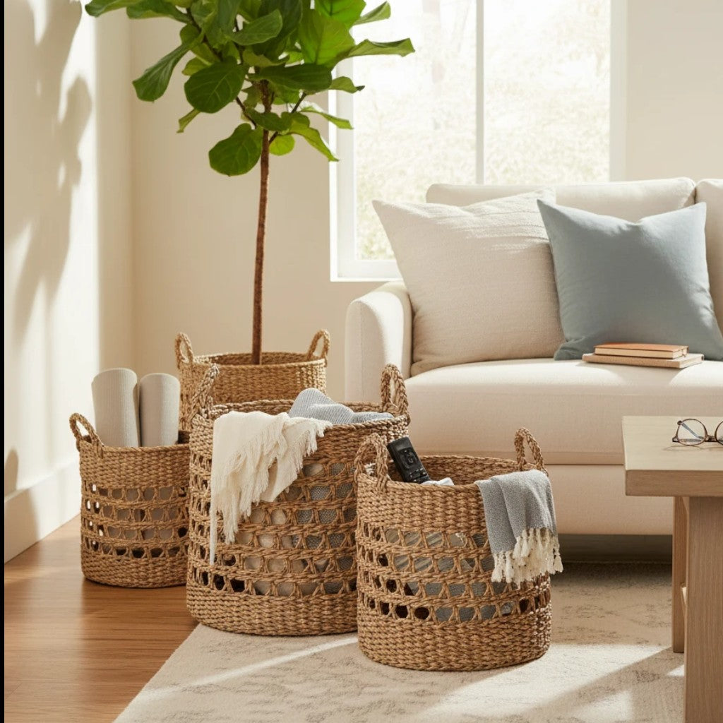 Kayu Living set of 3 natural seagrass baskets with black woven accents in a bright, modern living room setting.