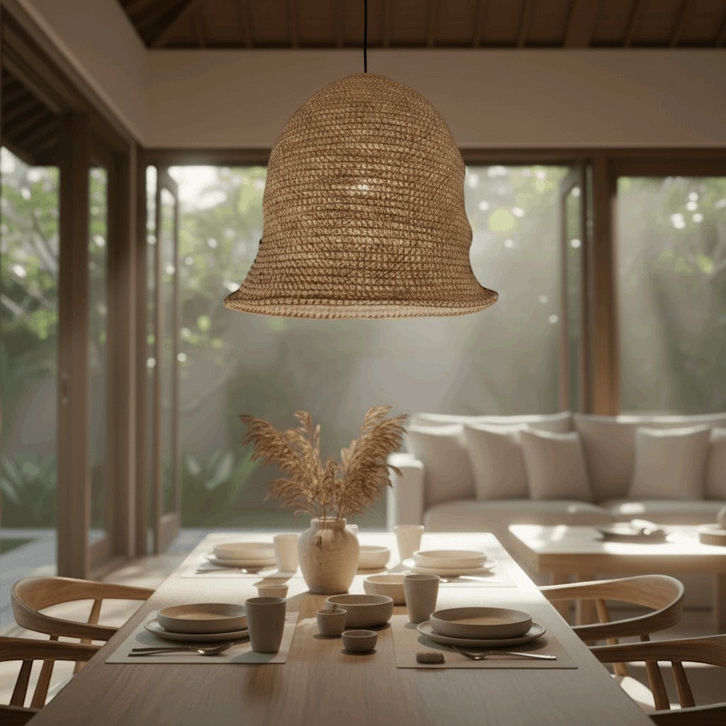 Kayu Living Santi pendant lamp, handwoven natural sisal in a bell shape, bringing an earthy, cozy vibe to dining areas.