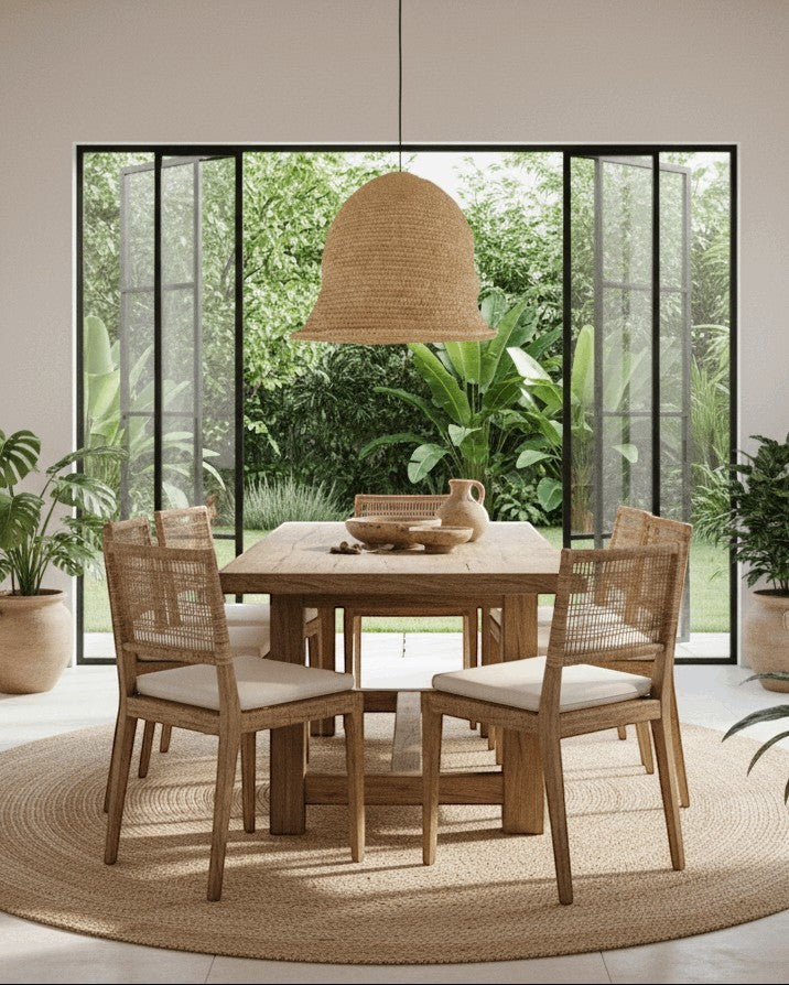Kayu Living Santi pendant lamp, handwoven natural sisal in a bell shape, bringing an earthy, cozy vibe to dining spaces.