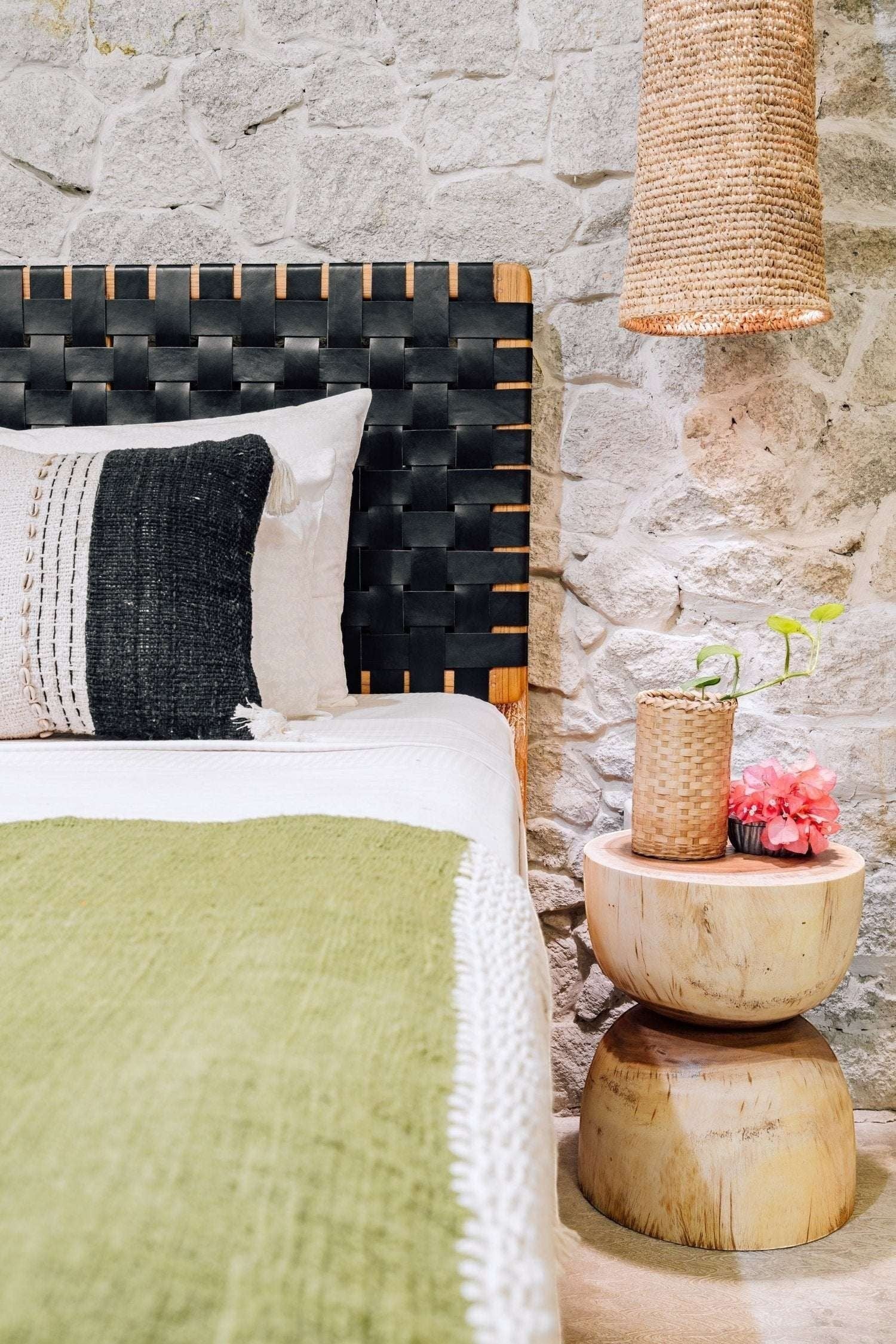 Kayu Living natural sisal pendant lampshade with woven texture, perfect for rustic bedroom decor.