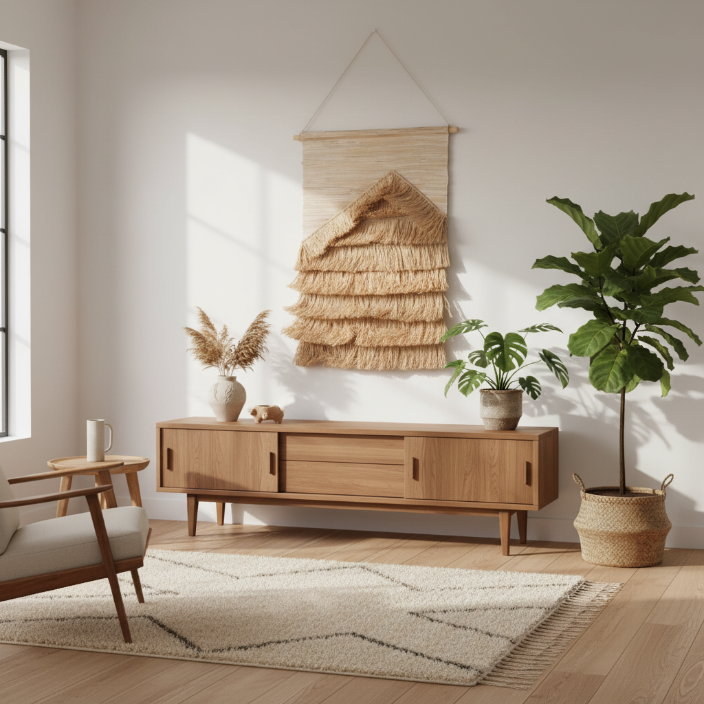Natural sisal wall hanging with fringe, decorative wall decoration for boho or rustic interior design.