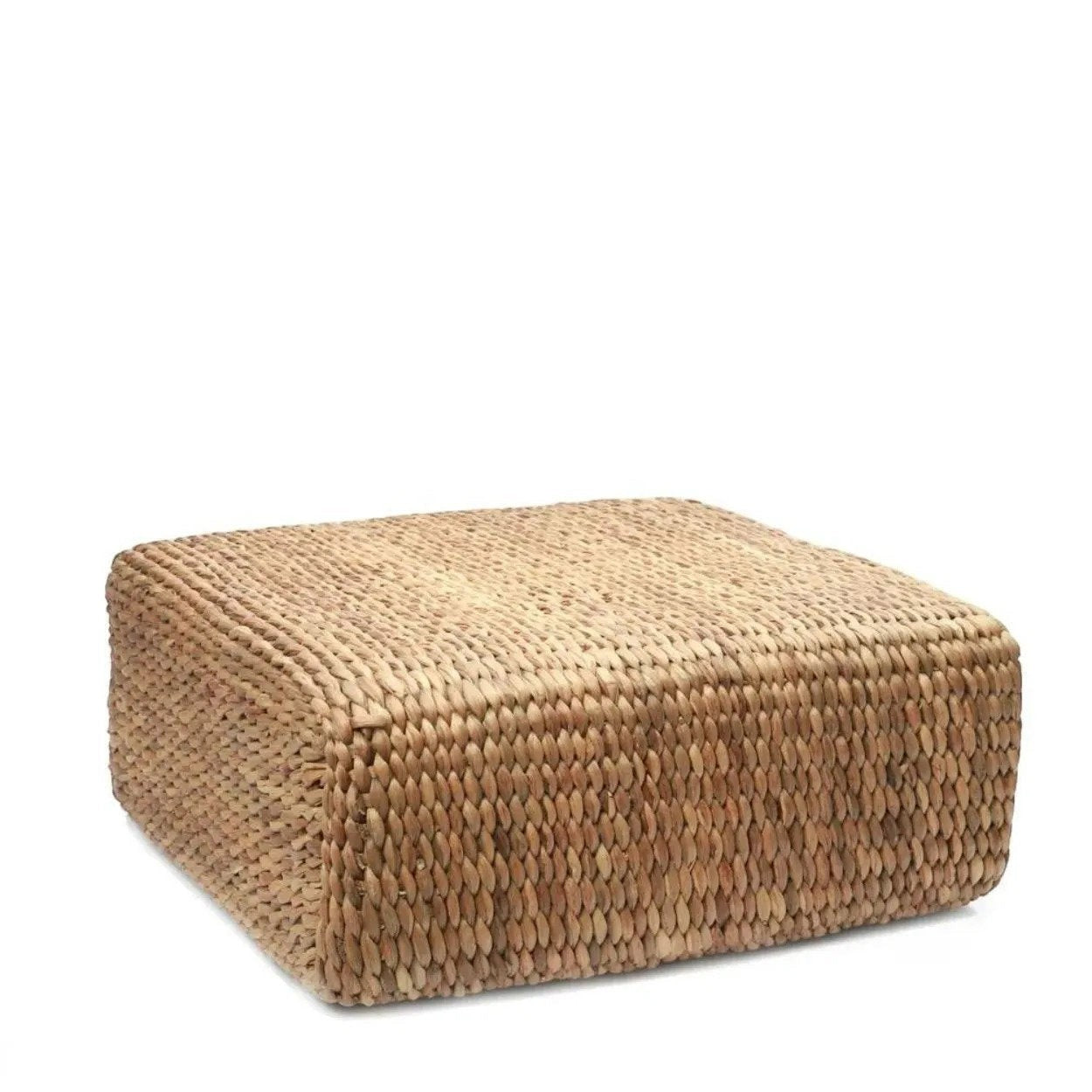 Kayu Living square water-hyacinth pouf in natural tan, featuring a durable woven texture for indoor or outdoor use.