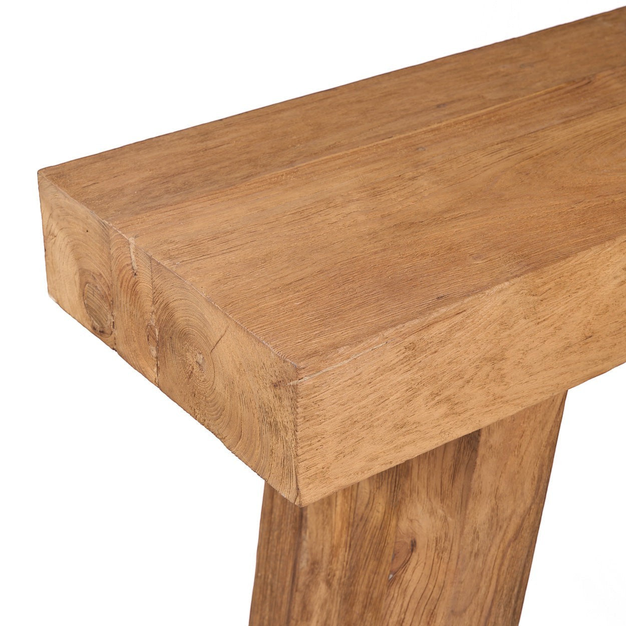 Kayu Living The Stance Console, a handcrafted Indonesian teak wood table with natural grain and minimalist design.