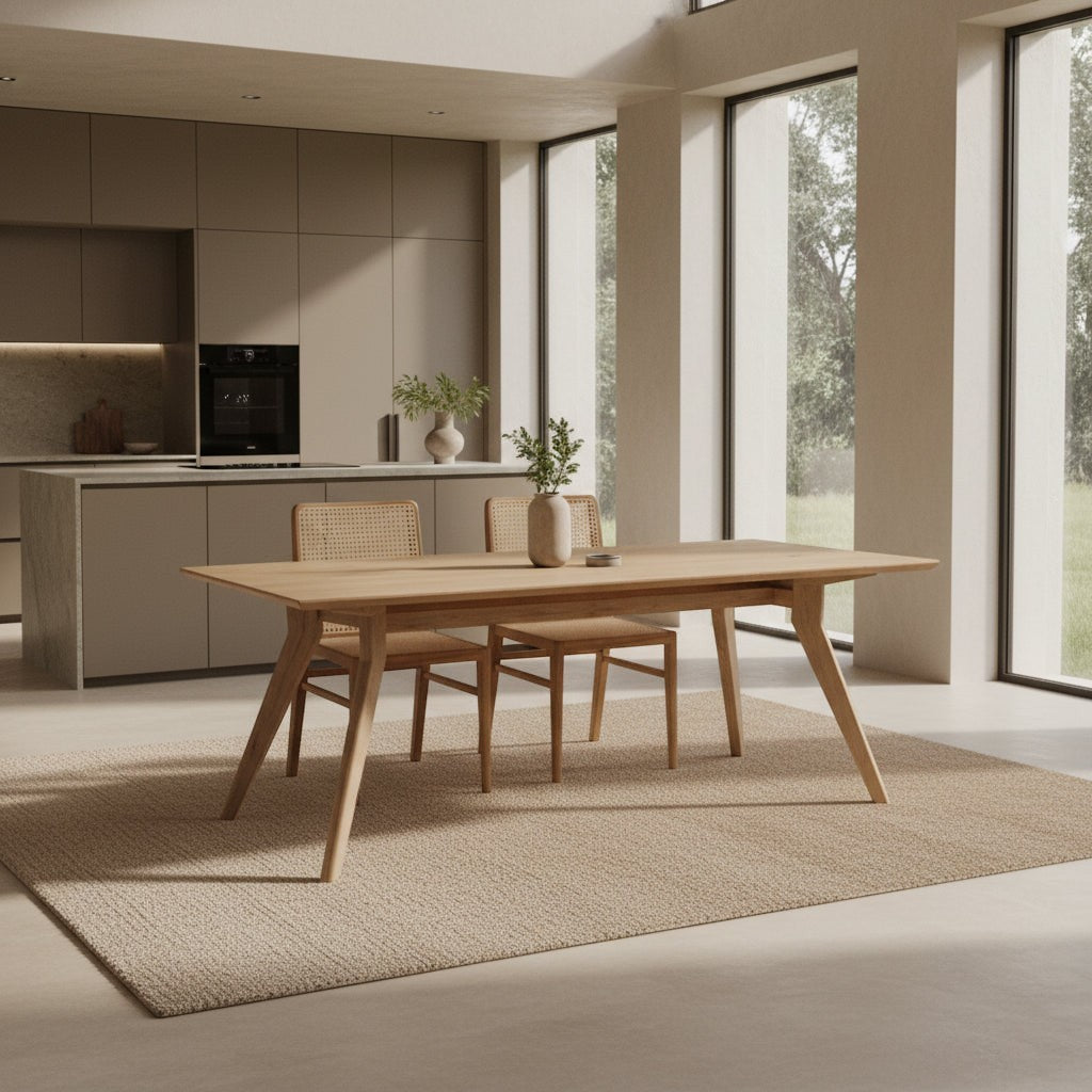 Kayu Living Studio 200cm teak dining table with angled legs, paired with cane-back chairs in a modern kitchen setting.