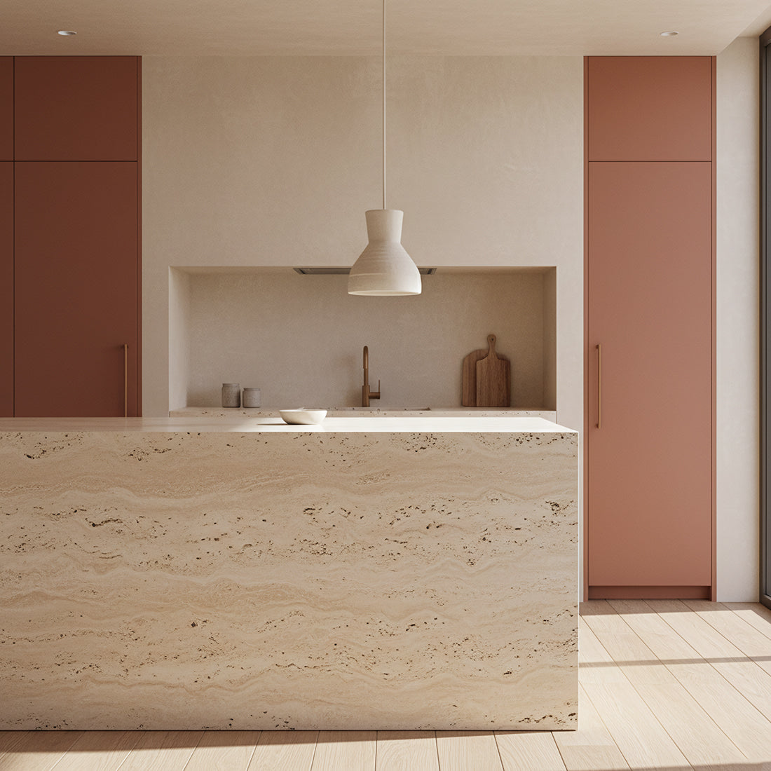 Kayu Living Sukkur pendant lamp in natural chalk-textured Ecomix hanging above a modern kitchen island