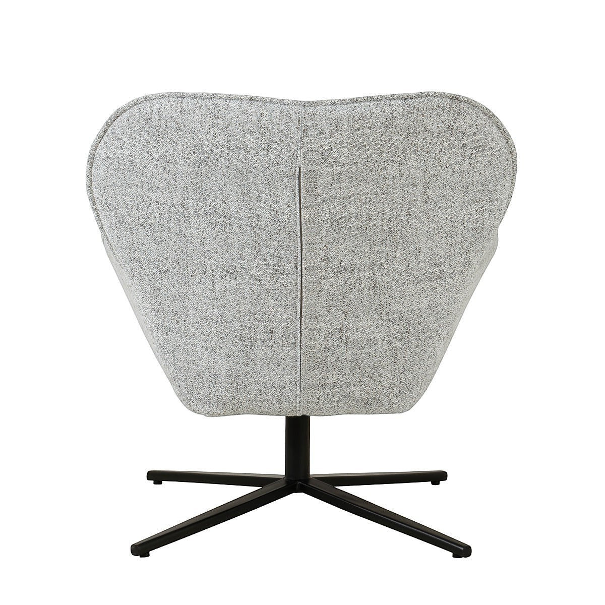 Kayu Living Sven Bisque swivel armchair in a light grey textured fabric with a black metal cross base, back view.