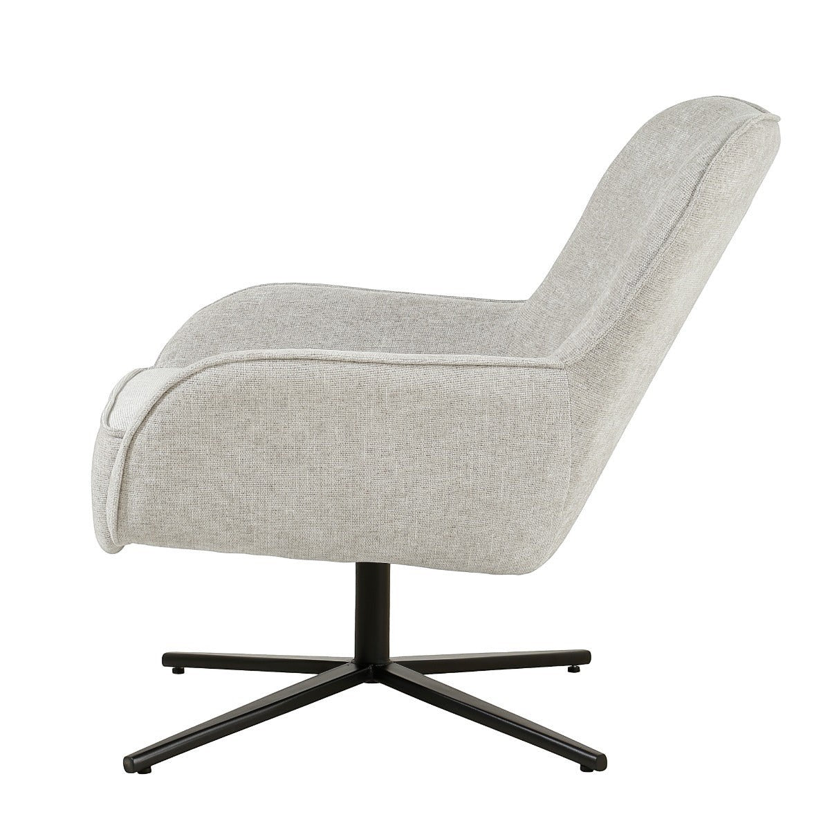Kayu Living Sven Bisque swivel armchair in toffee fabric with a sleek black metal cross base, side view.