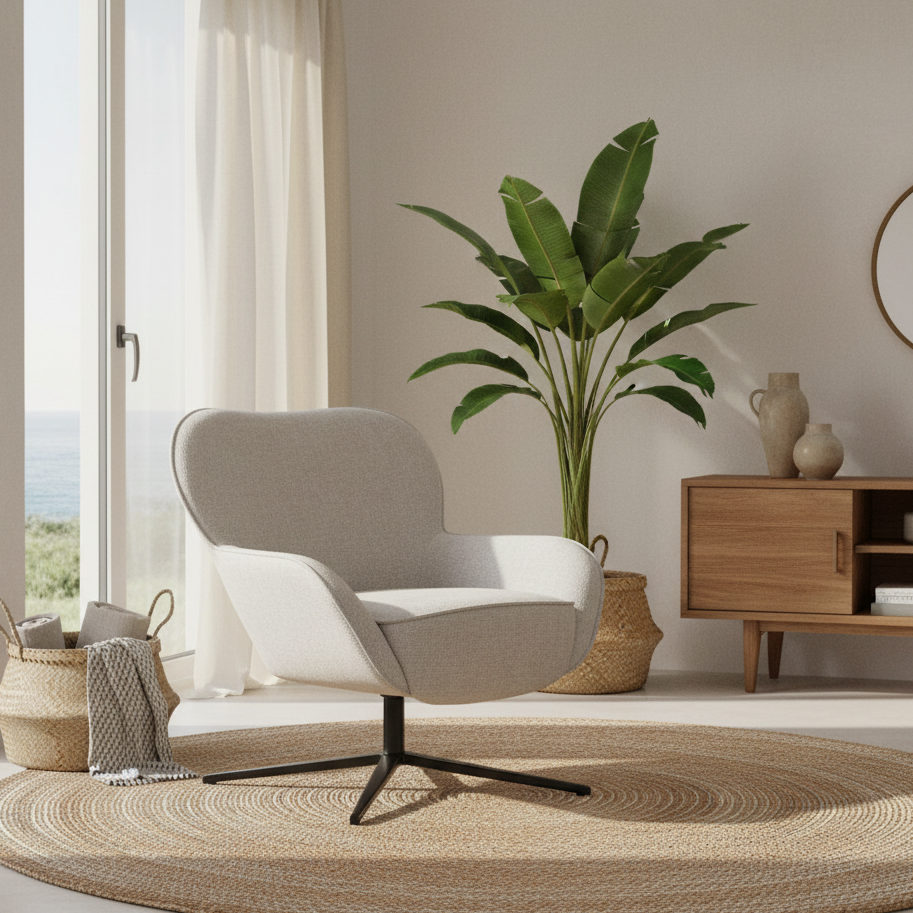 A modern upholstered swivel armchair in light beige fabric with a black metal pedestal base, placed in a bright living room beside a window, woven rug, potted plant, and wooden cabinet.