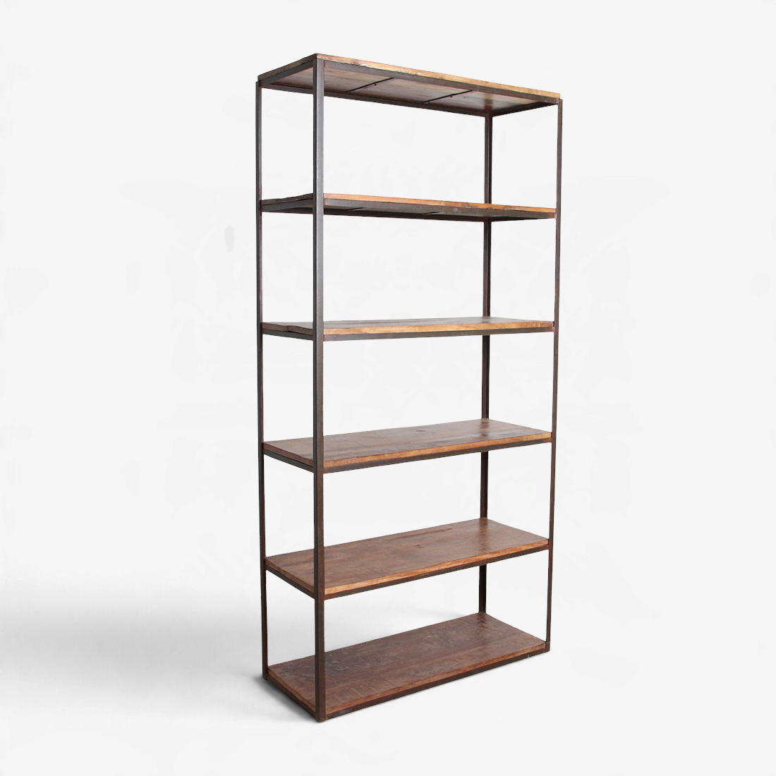 Kayu Living tall industrial shelving unit with six reclaimed brown wooden shelves and a sturdy black iron frame.