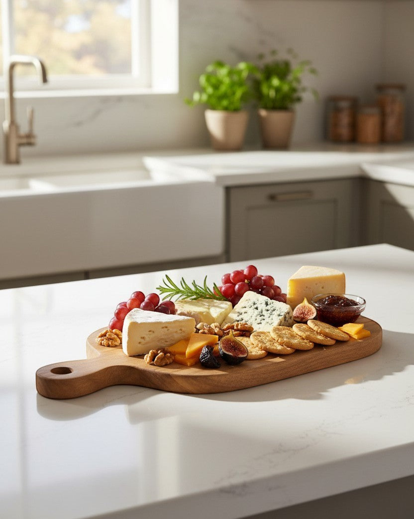 Kayu Living handcrafted teak wood cutting board with a cheese and charcuterie board arrangement. Features a hole for hanging.