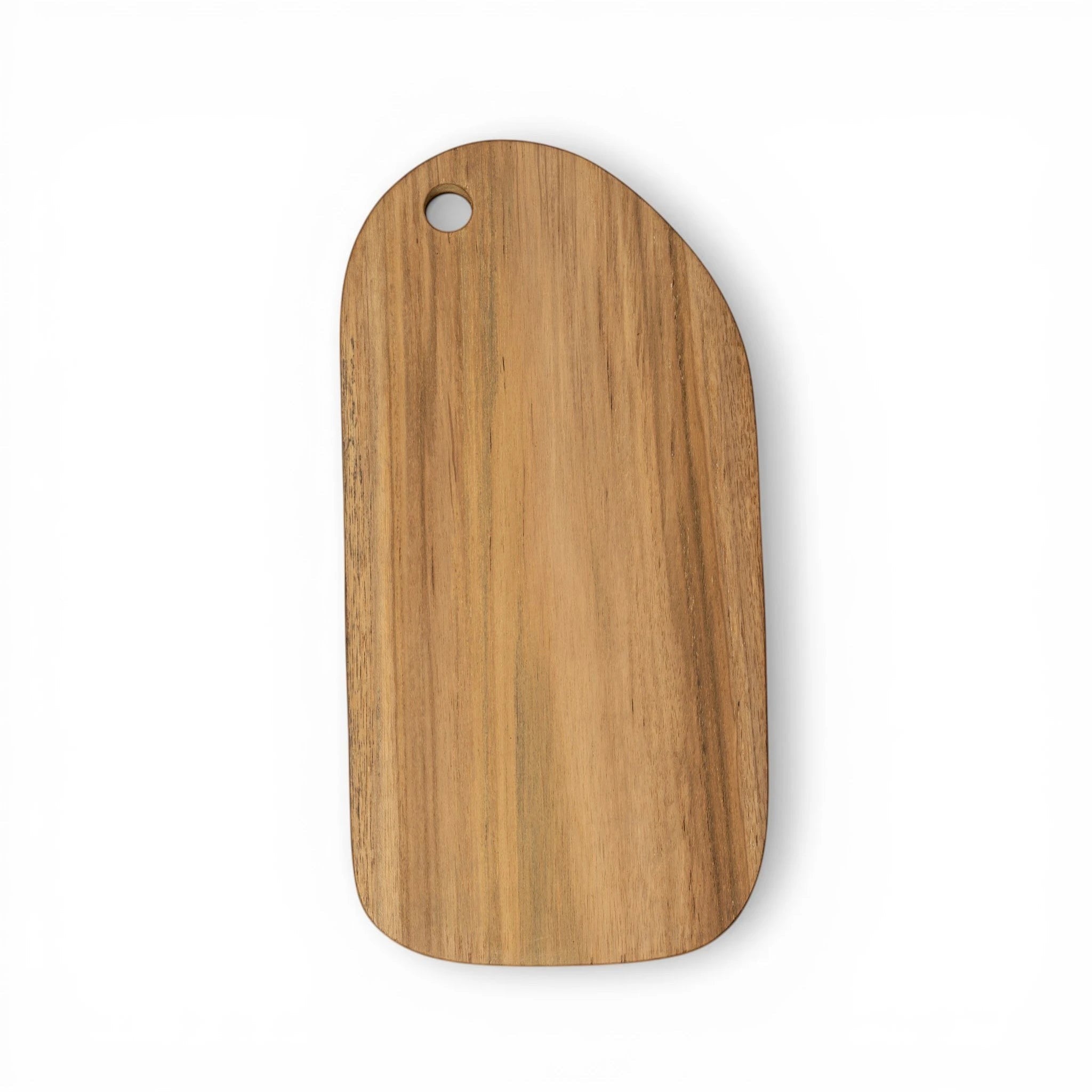Kayu Living handcrafted teak wood cutting board with a smooth, food-safe finish and hanging hole.