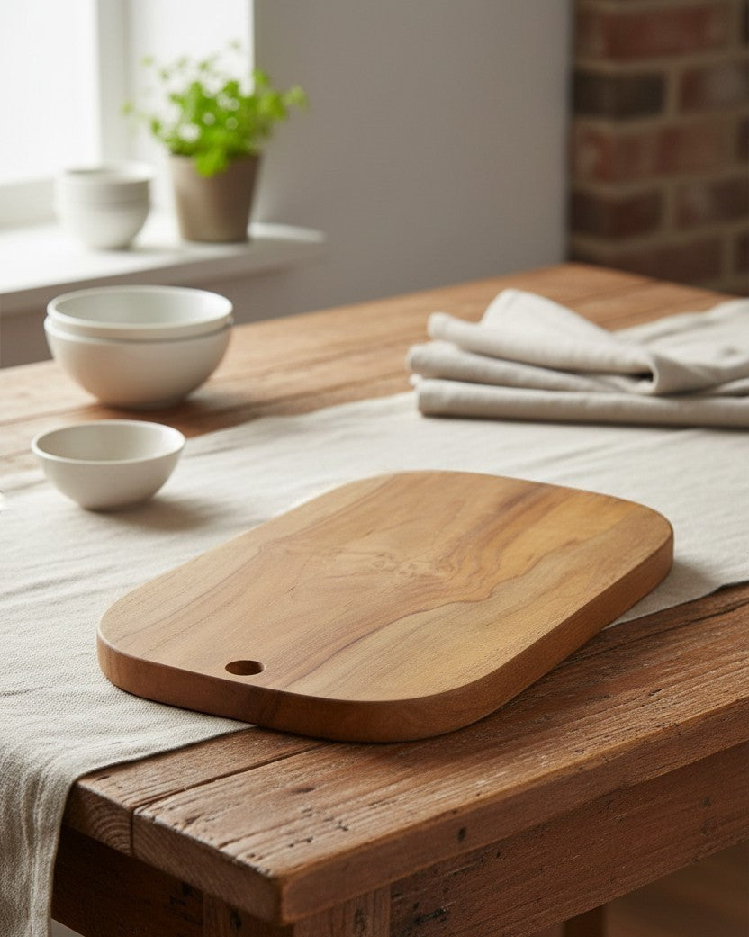 Kayu Living handcrafted teak wood cutting board with a smooth, food-safe finish and hanging hole.