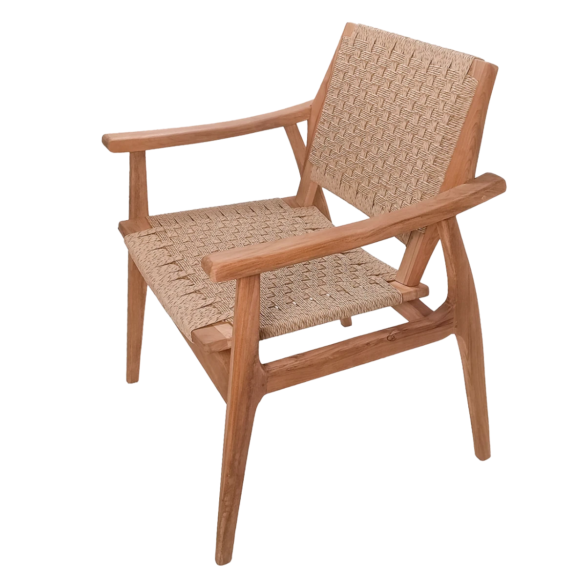 Kayu Living Stacking Silla chair made of natural teak wood with a woven rattan seat and backrest in a stackable design.