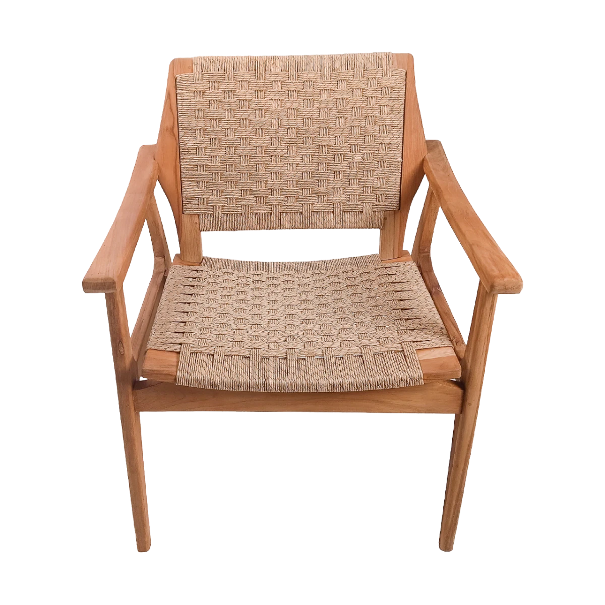 Kayu Living Stacking Silla chair made of natural teak wood with a woven rattan seat and backrest.