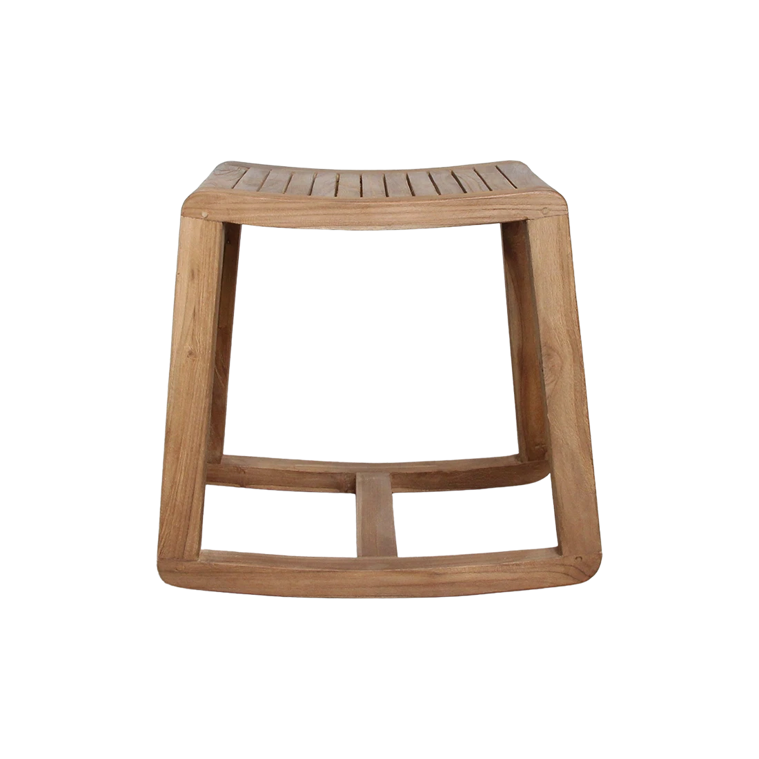 Kayu Living handcrafted solid teak rocking stool with a curved base and slatted seat in a natural wood finish.