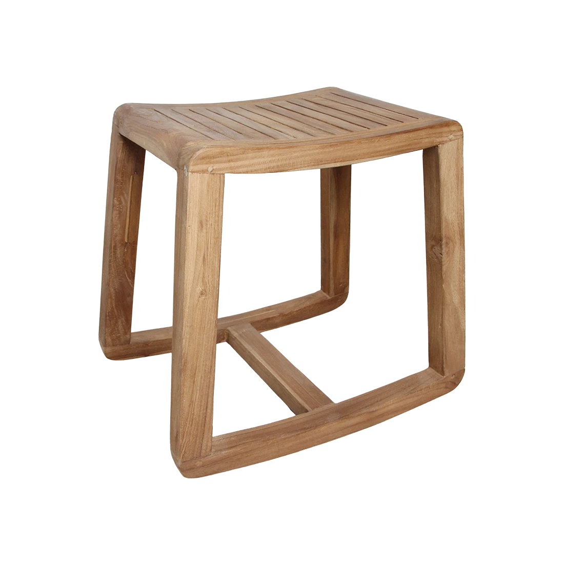 Kayu Living handcrafted solid teak rocking stool with a slatted seat and natural wood grain finish.