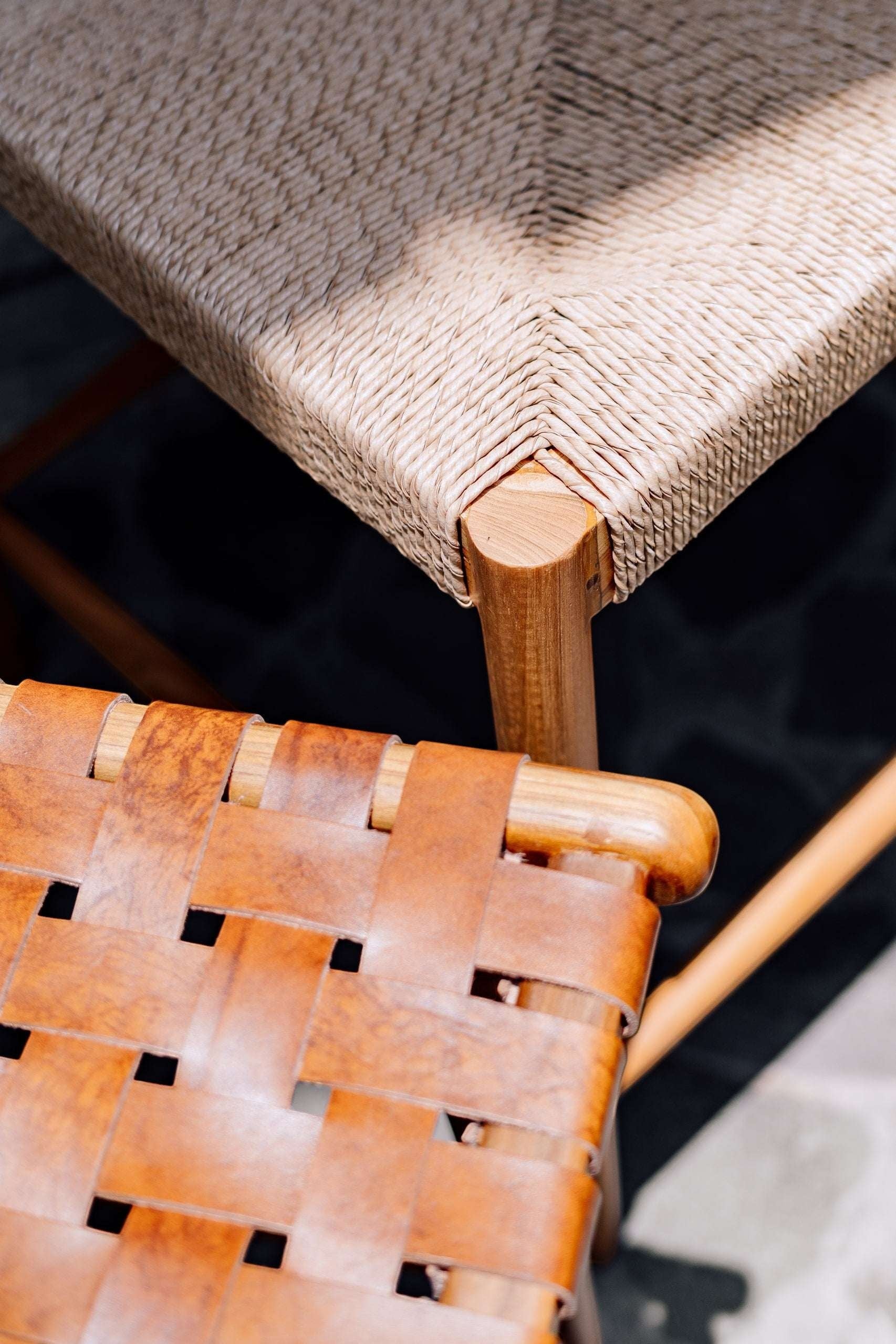 Kayu Living Cemagi counter stool with natural woven rope seat and teak frame. Versatile for indoor/outdoor use.