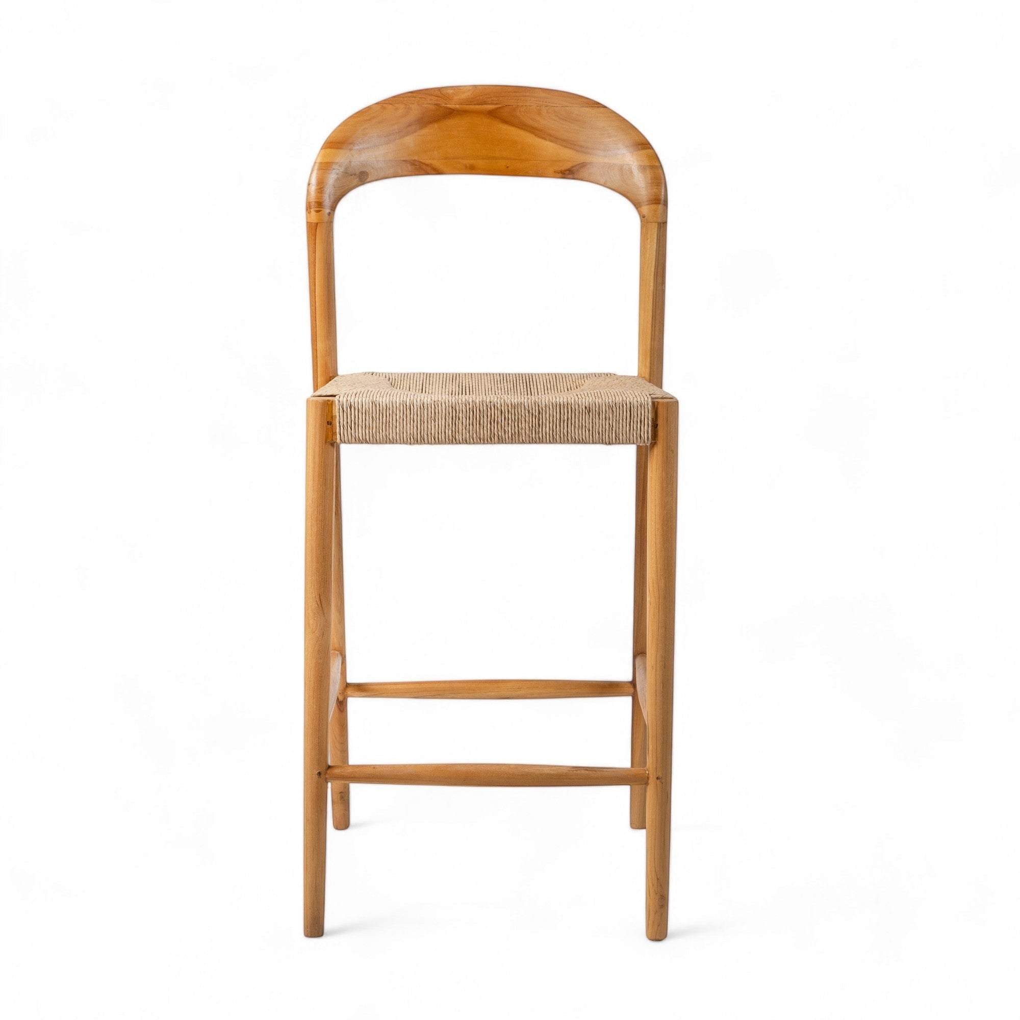 Kayu Living Cemagi teak and natural rope counter stool with curved backrest and footrests.