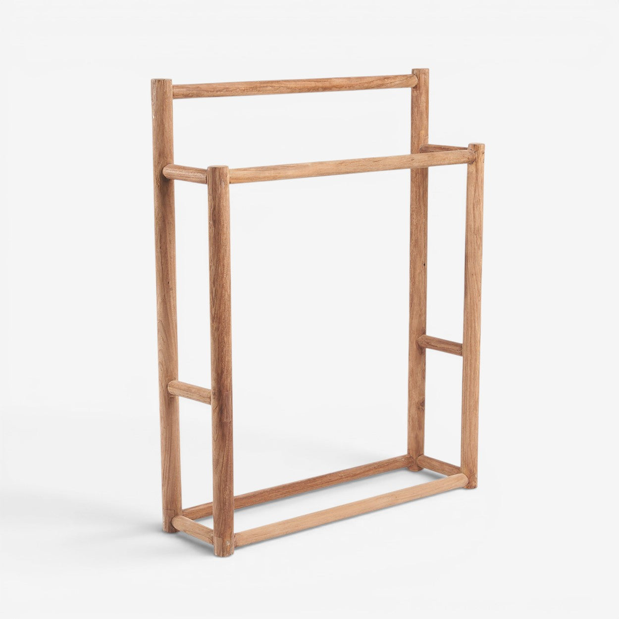 Kayu Living handmade natural teak towel hanger with a rustic, artisanal design for bathroom or outdoor use.