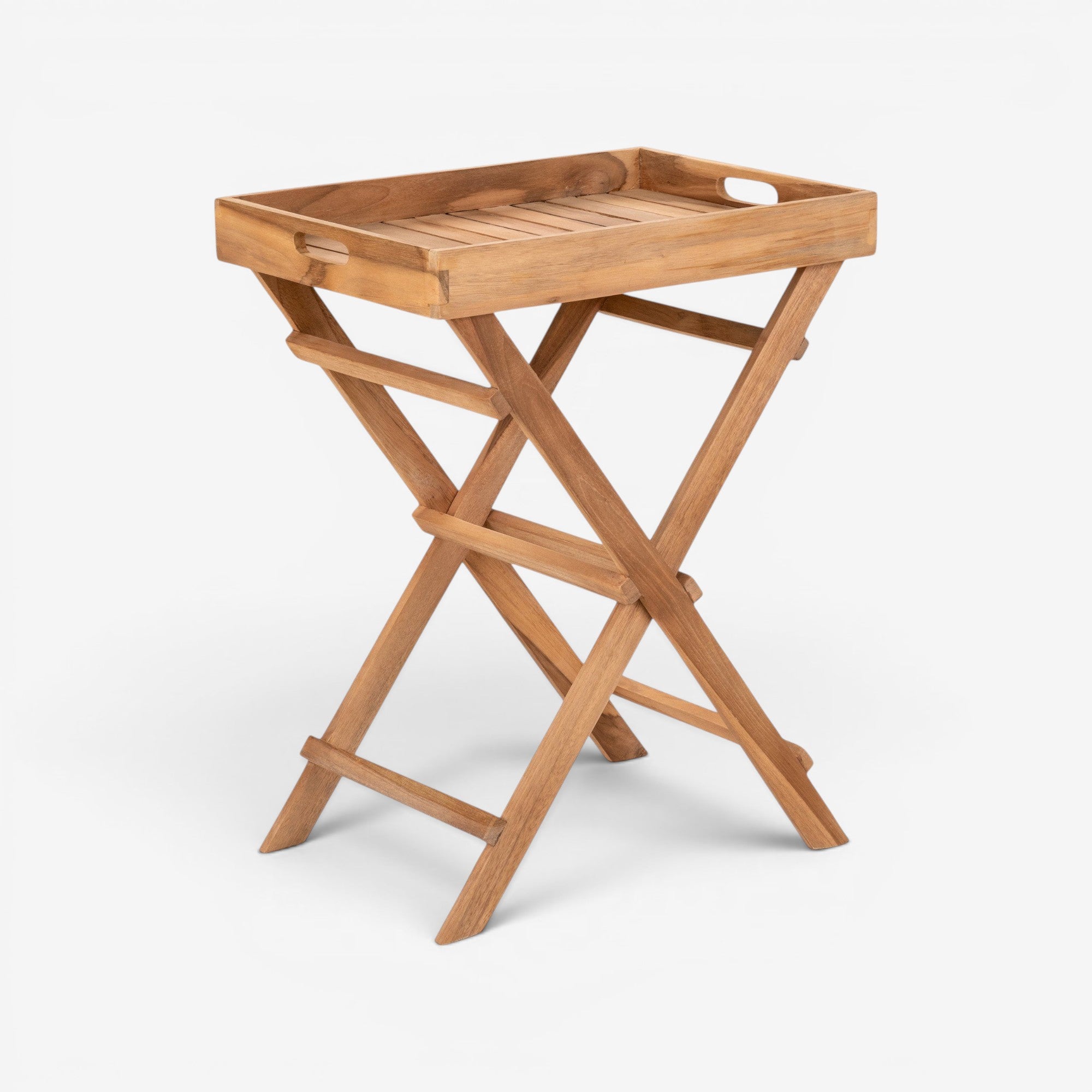 Kayu Living natural teak tray table with warm finish, foldable design, 29x39x49.5 cm.